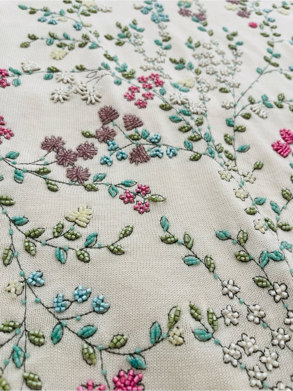 Talbots Cream Floral Embroidered Short Sleeve Sweater - Picture 3 of 9